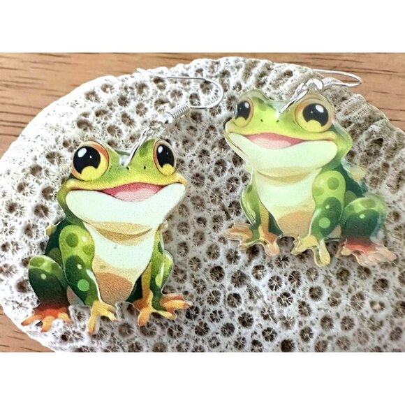 Frog Earrings New Dangle Hooks Green Double Sided Horny Toad Jeremiah Bu… - Picture 2 of 12